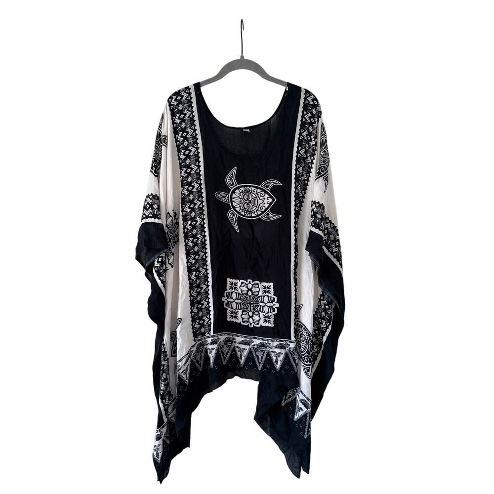 Handmade Rayon Beach Cover Up Kaftan Black White Sea Turtle Boho One Size - Picture 2 of 9